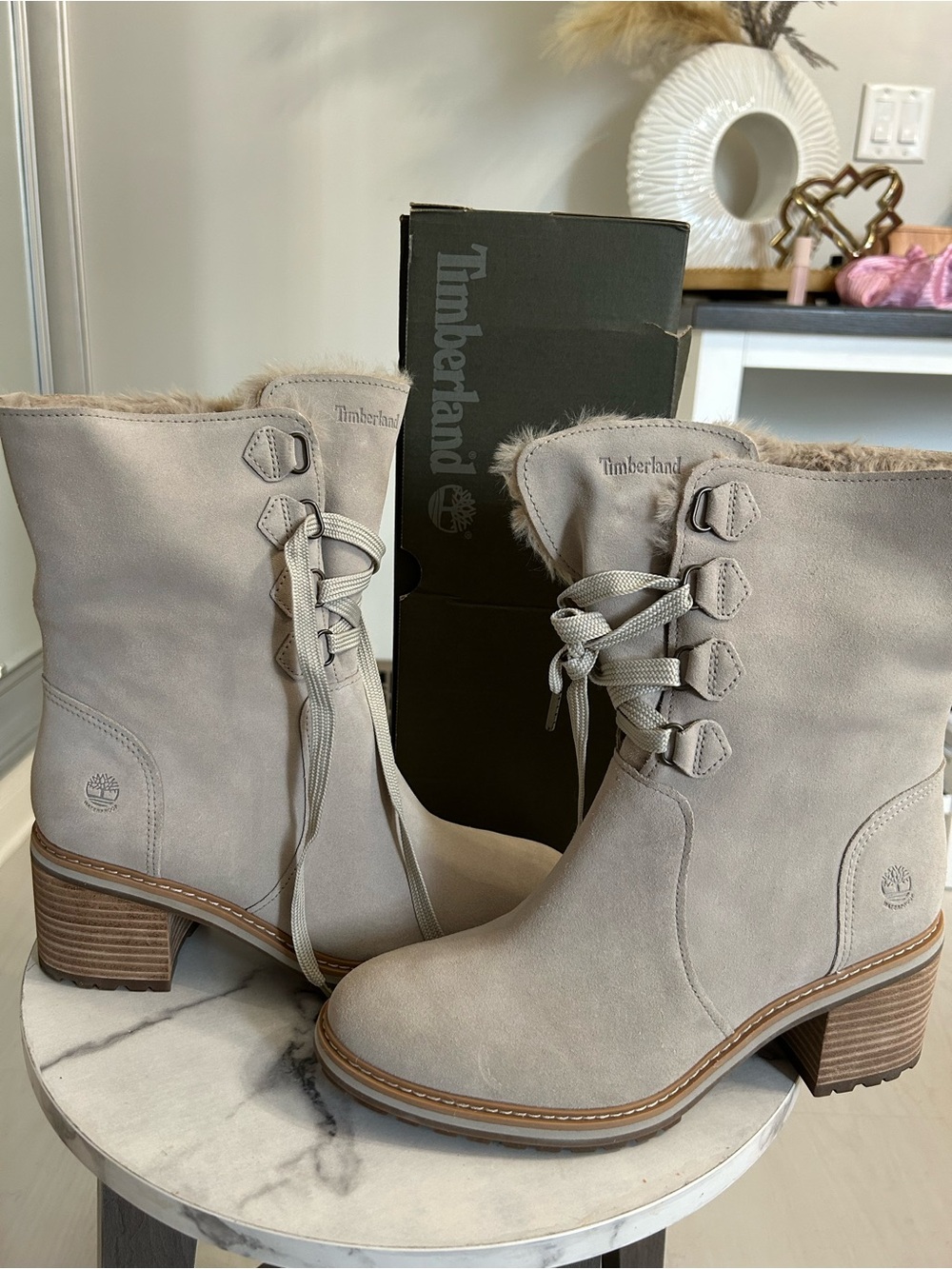 Timberland Women's Taupe Suede Fur-Lined Lace-Up Block Heel Boots